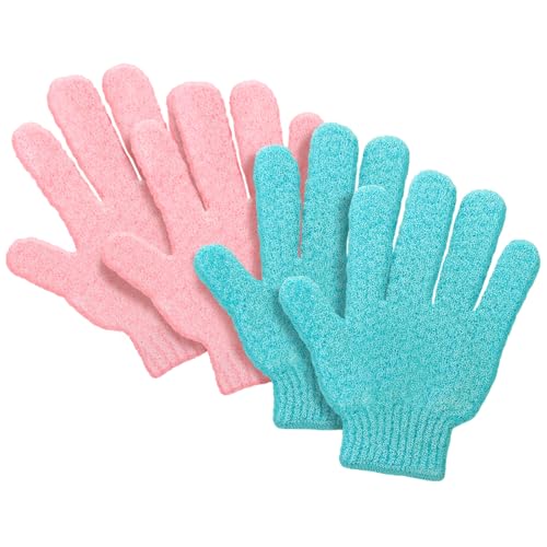 FARMOGA Exfoliating Gloves Shower Loofah Body Scrubber African Exfoliating Net Glove Bathing Accessories Exfoliating Mitt for Women & Men (4Pcs-Bath Gloves-Solid Color)