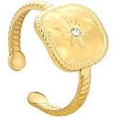 NewZenro CZ Star Signet Adjustable Statement Ring for Women Her Dainty 14K Gold Plated Stainless Steel Engraved Stars Square Open Band Finger Rings Fashion Trendy Jewelry Comfort Fit