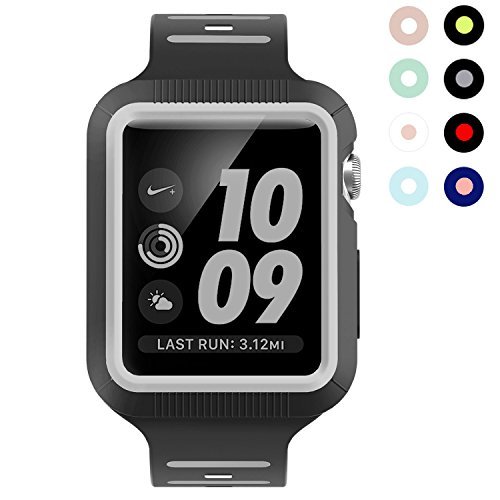 Replacement Silicone Band with Case for Apple Watch Series 3 Series 2 Series 1 All 42mm (Black/Gray)