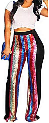 Sequin Wide Leg Palazzo Pants for Women - Multi Rainbow Sequin Stripe Dazzling Sparkle Glitter Stretchy Long Pants
