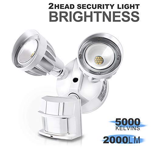 BBOUNDER LED Security Flood Light Outdoor with Motion Sensor, 2 Adjustable Heads, 20W(120W Equiv), 5000K Daylight, Waterproof, Upgraded Aluminum Heads with Dupont Paint Coating, Antioxydation