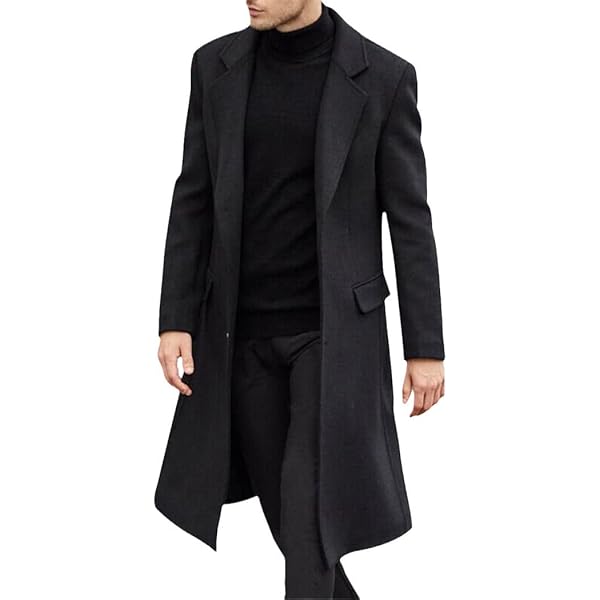 Men's Casual Trench Coat Wool Blend Jacket Slim Fit Notched