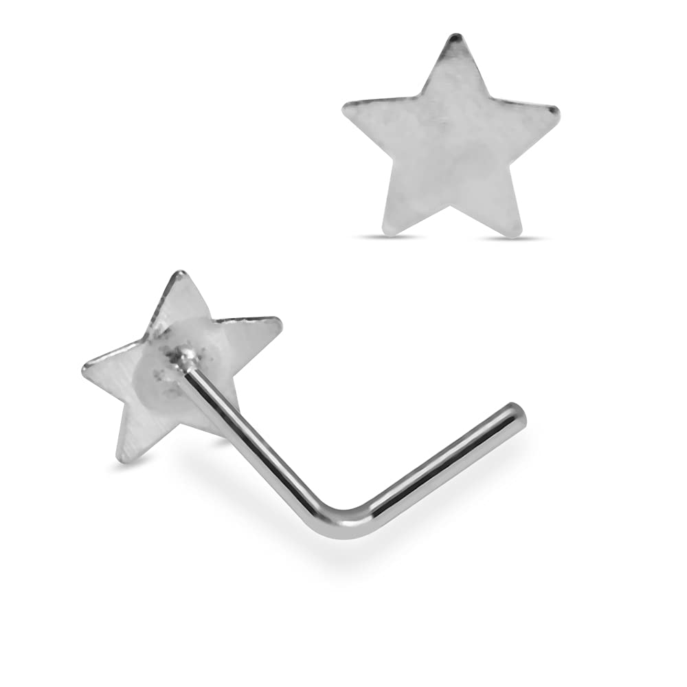 AZARIO LONDON Plain Flat Star Top 22 Gauge 925 Sterling Silver L Bend Nose Piercing