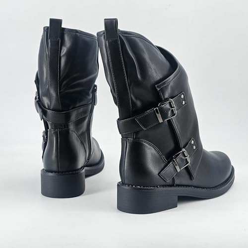 JOMIX Women's Biker Boots with Side Buckles – Faux Leather Ankle Boots with Zip, Casual and Chic