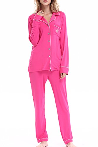 Lightweight Knit Pajama Set Button Down Nightshirts With Pj Pants by NORA TWIPS(Rose Red,S)