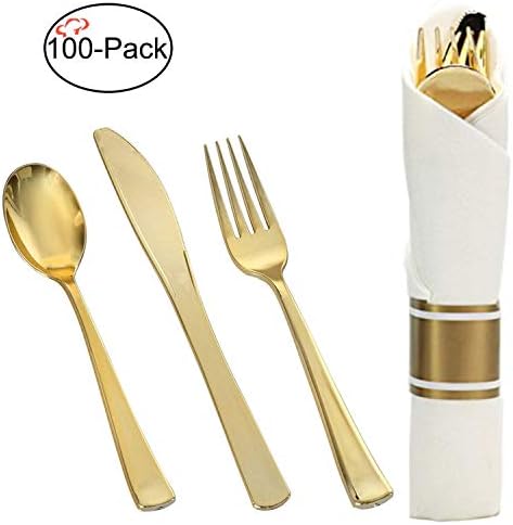 Tiger Chef 100-Pack 16-inch Pre Rolled Cutlery in Linen-Feel White Napkins and Gold Heavy Weight Plastic Silverware with Napkin Band Set, Includes Forks, Spoons and Knives in Rolled Napkins BPA-free