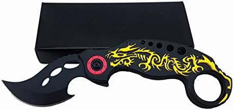 Knife 5" Spring Assisted Dragon Folding Golden