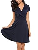 Finejo Women's V-Neck Short Sleeve Ruched Waist Fit and Flare Wrap Dress