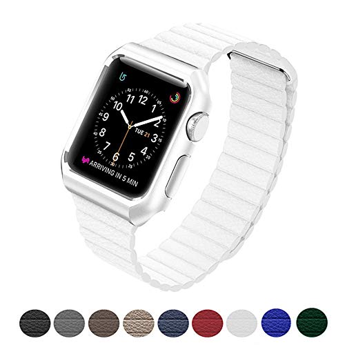 MGABS Compatible for Apple Watch Band 38mm/40mm Leather Loop - Adjustable Magnetic Replacement Wristband Strap for iWatch Series 4 Series 3 Series 2 Series 1 Sport Color White