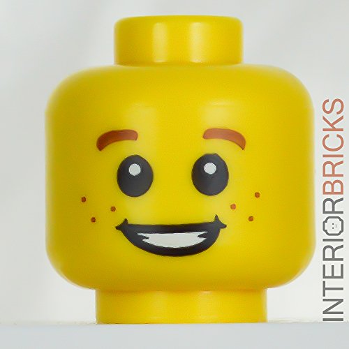 LEGO Minifigure Head: Brown Eyebrows and Freckles, Open Smile, White Pupils Pattern - Blocked Open Stud in Yellow