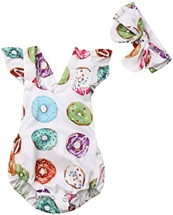 Lamuusaa Newborn Baby Girls Fly Sleeve Ruffled Romper Colorful Doughnut Bodysuit Jumpsuit Headband Summer Outfit 0-24M