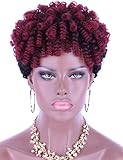 Kalyss 6” Lightweight Synthetic Short Afro Curly Wigs for Black Women Realistic Black and Burgundy Red Curly Wigs with Full Natural Curls and Hair Bangs