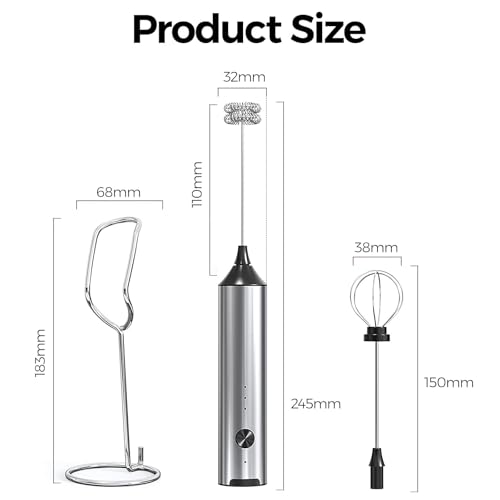 Electric Milk Frother Handheld, Rechargeable 3-Speed Mini Frother Wand with 2 Whisks Stand Portable Stainless Steel Stirrer for Coffee Latte, Cappuccino Hot Chocolate Protein Shakes Matcha