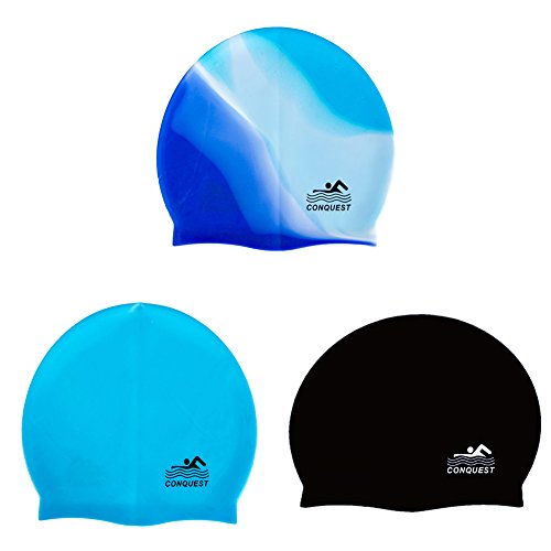 HEART SPEAKER Beach Pool Waterproof Silicone Swim Cap Adult Hair Protect Flexible Swimming Hat (Blue + White)