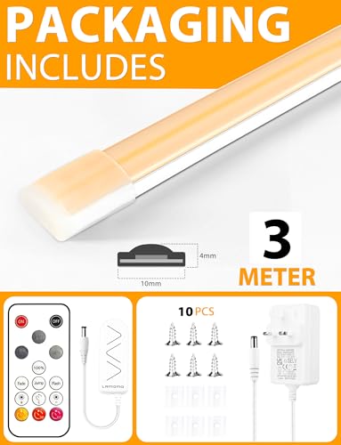 Lamomo COB LED Strip Light 3M, Warm White Led Tape Lights for Bedroom with Remote, 3000K Dimmable Flexible Waterproof Silicone Neon Rope Backlight for Cabinet, TV, CRI90+, 10mm Width, 24V UKCA