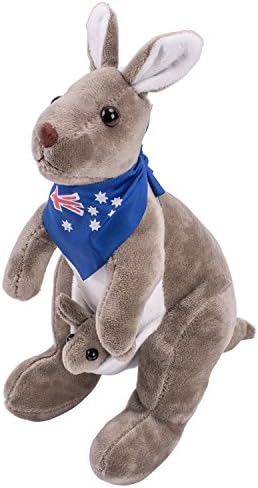 Aminiture Mom Kangaroo with Baby Plush Stuffed Animal Dolls Toys Wear Blue Scarf (Blue&amp;Grey, S)