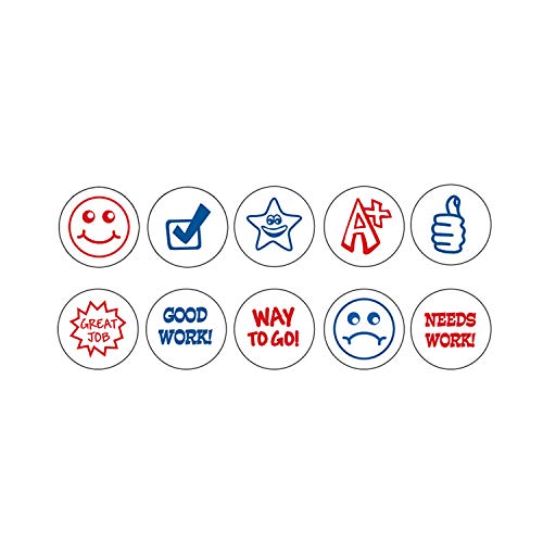 Stamp-Ever 10-In-1 Teachers' Student Work Stamp Kit, 10 Interchangable Self-Inking Stamps, 5/8-Inch Impression, Blue/Red (4630)