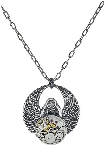 Handcrafted Silvertone Round Scarab Steampunk Clockwork Vintage Victorian Style Pendant Necklace