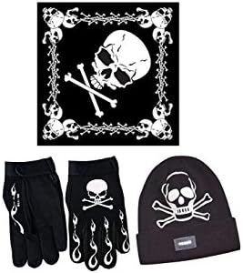 Skull Crossbones-3-Piece Gift Set-Bandana-LED Knit Hat-Medium Gloves, Black