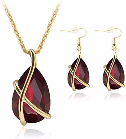 Crystal Water Drop Necklace Earrings Jewelry Set For Women Red