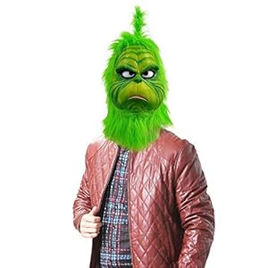 MR Grinch Christmas Costume Mask - Deluxe Latex Full Head Grinch Costume Cosplay with Christmas Package for Kids and Adults (Grinch mask with Hair)