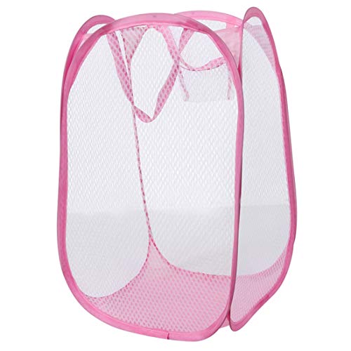 Portable, Durable Handles, Laundry Basket Pop Up Mesh Bin Tidy Storage Foldable Cloth Washing Bags Hamper 2Pcs (Pink)