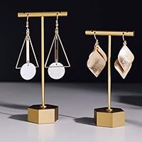 BanST Metal Gold 4.5"& 5.3"-2pcs T Bar Earring Retail Display Stand Tree for Show, Tabletop Jewelry Tower Holder for Girl Women【Gold-Hexagon Base-Height 4 1/2"& 5 2/5"-2pcs】