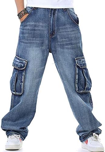 HZCX FASHION Mens Multi-Pockets Cargo Denim Pants Loose Fit Jeans