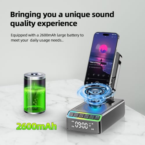 Phone Stand with Bluetooth Speaker & Clock, Gifts for Men Women, Birthday Gifts for Him, 9-in-1 Design Induction Speaker, Anti-Slip Base, Phone Holder with Wireless Speaker, Tech Gadgets Gift for Men