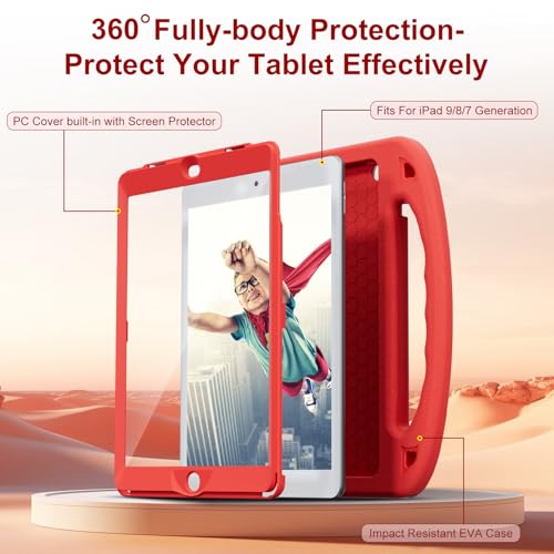 LKOOZO Kids Case for iPad 9th/8th/7th Generation (iPad 10.2 inch 2021/2020/2019), Shockproof Cover with Screen Protector (Red)