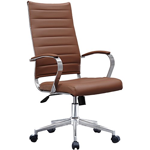 2xhome Brown - Mid Century Modern High Back Tall Ribbed PU Leather Swivel Tilt Adjustable Office Chair Desk Designer Boss Executive Management Manager Office Conference Room Work Task Computer Desk - Thumbnail 2