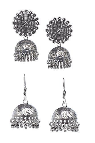 Bindhani oxidized silver toned black metal indian bollywood jhumk…
