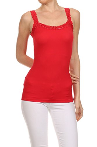 ICONOFLASH Seamless Nylon Spandex Tank Top with Stretch Lace Trim, Red