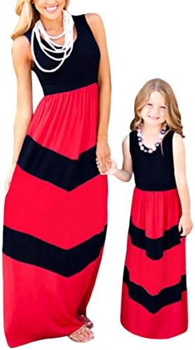 BYM Mommy Daughter Outfits Summer Sleeveless Striped Casual Print Tank Maxi Long Dress