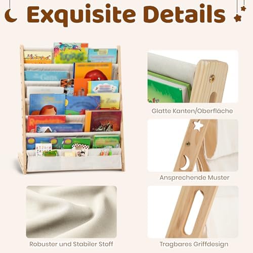 Bücherregal Kinder mit 6 Oxford-Stoff Fächern - Kinderbücherregal aus Naturholz - Bücherregal Kinderzimmer mit abgerundeten Ecken & platzsparend 63L x 30B x 76H cm（Naturholzfarbe