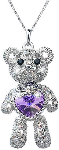 Pendant Necklace with Swarovski Crystals Teddy Bear Love Heart Charm Rhodium Plated Chain Length 16.5"+2.0" Extender - Jewelry Gifts for Women Girls Teen Kids Princess Daughter Granddaughter