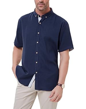 Men's Short Sleeve Button Down Casual Shirt Soft Linen Shirts