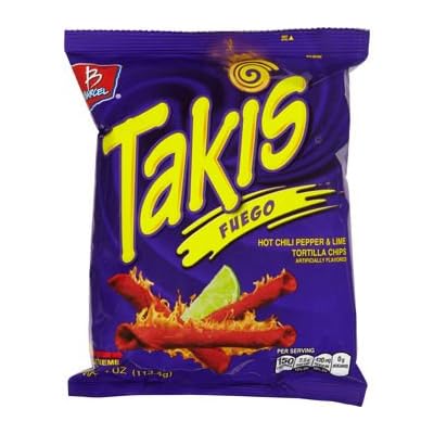 Barcel Takis Fuego Hot Chili Pepper &amp; Lime Tortilla Chips 4 Oz (16 Pack)