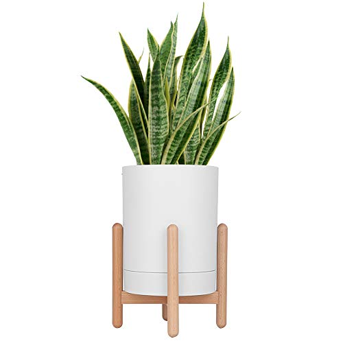 Moutik Wooden Plant Stand Indoor:Mid-Century Modern Plant Holder with 6.5″ White Flower Pot Perfect for Display Mini Cactus Aloe Snake Plant in Outdoor Garden Patio Desk