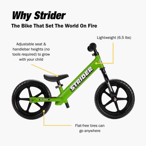 Strider 12” Classic Bike, Green No Pedal Balance Bicycle for Kids 18
