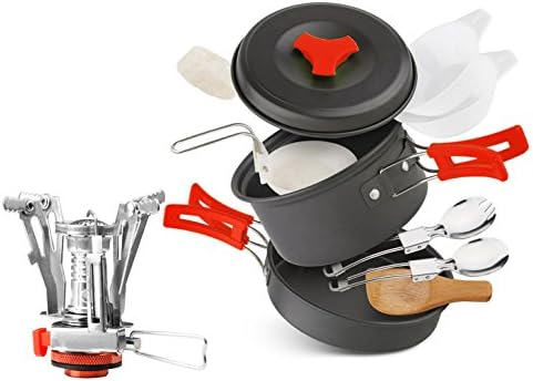 lovehope Camping Cookware Mess Kit, camp stove, Backpacking Gear &amp; Hiking Outdoors Bag Cooking Equipment. Camping Cookset | Compact, Lightweight,&amp; Durable Pot Pan Bowls. (Orange 12 PCS)