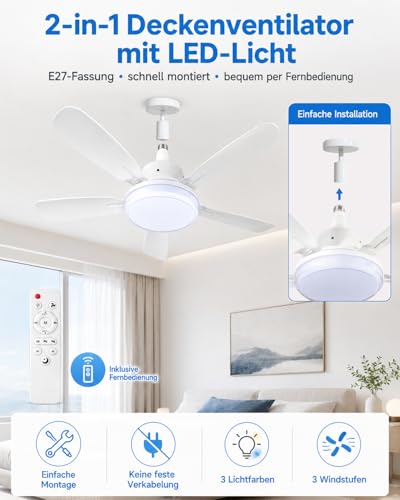 WRMING Ceiling Fan with Light, 62 cm Silent Ceiling Fan 25dB with Remote Control, 3 Speed, 3000/4000/6000K, Chandelier E27 Socket, 2/4H Timer, for Bedroom, Kitchen, Living Room