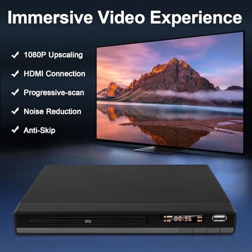 Compact HD DVD Player for TV HDMI AV Output with Cable Included, 1080P DVD-CD Player with USB Input, All Regions Free, Error Correction, Integrated PAL NTSC System (Black DVD-168)