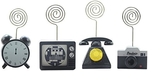 Fittoway 4 Pcs Mini Retro Style Wooden Clock/Telephone/Television/Camera Memo Picture Note Holder Stand with Metal Clip for Home Party Wedding Christmas Decorations