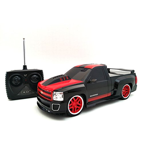 Chevy Silverado Electric RC Truck -  1/18 Scale Model Truck - Black and Red with Racing Stripes