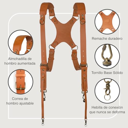 4J LEDR Photo Camera Strap, Professional Photographic Camera Strap for Photographic Camera, Camera Shoulder Strap, Leather Camera Strap, Multiple Camera Equipment for Dslr/Slr Strap | Arnés doble de cuero de grano completo para dos cámaras, bandolera doble ajustable con patrón en X para DSLR/SLR