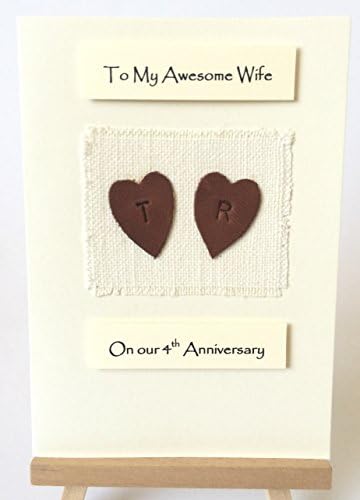 4th Wedding Anniversary Card Handmade Personalised Tan Leather Hearts Made in UK