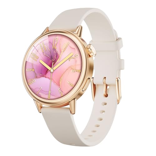 TOOBUR Women's Small Wrist Smart Watch, 37 mm AMOLED Display, Round Smartwatch, Sport Smart Watch with Pedometer, Smart Watch Compatible with Android and iOS, Beige