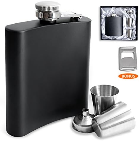 6 Oz Black Hip Flask with 2 Shot Glasses and Funnel for Liquor (Bottle Opener as Bonus)