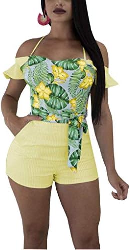Women's Off Shoulder Floral Rompers Shorts Bodycon Jumpsuits with Belt Clubwear